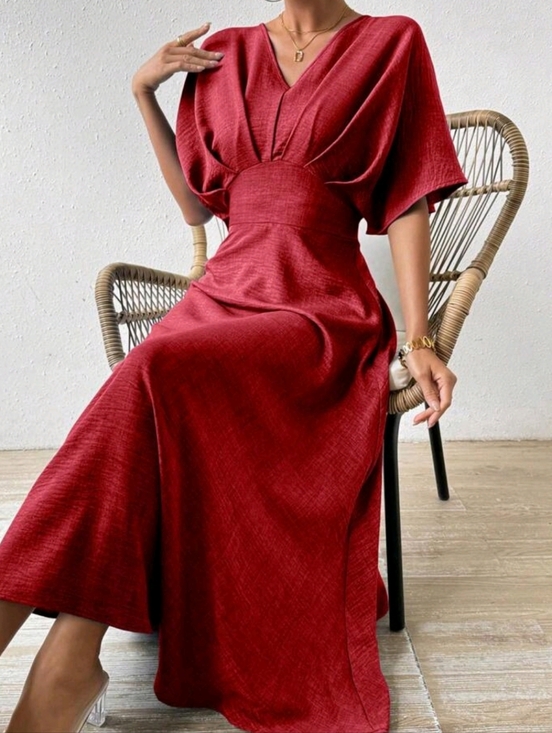 GLAMCO Dresses & Skirts - Burgundy V-Neck Maxi Dress with Cinched Waist